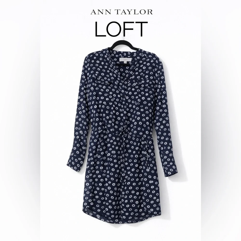 LOFT Blue White Dot Shirt Dress Small Lined Pockets Drawstring Waist - Picture 1 of 15